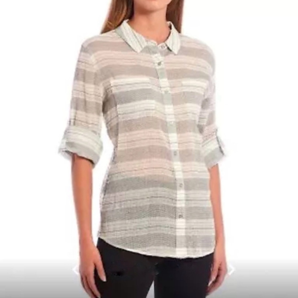 Calvin Klein Shirt Top XS Gray White Striped Roll Tab Sleeves Button Front Sheer